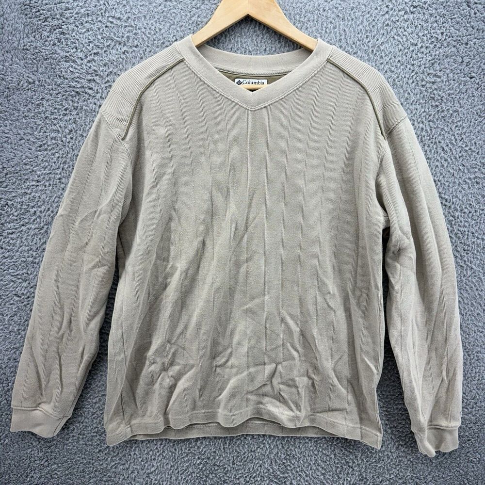 Columbia Men's Large Pullover Ribbed‎ Knit Tan Brown Sweater V-Neck Long Sleeve
